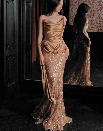 Flattering Strapless Mermaid Gold Prom Dress Ruched Satin Sequins Formal Dress AP7020