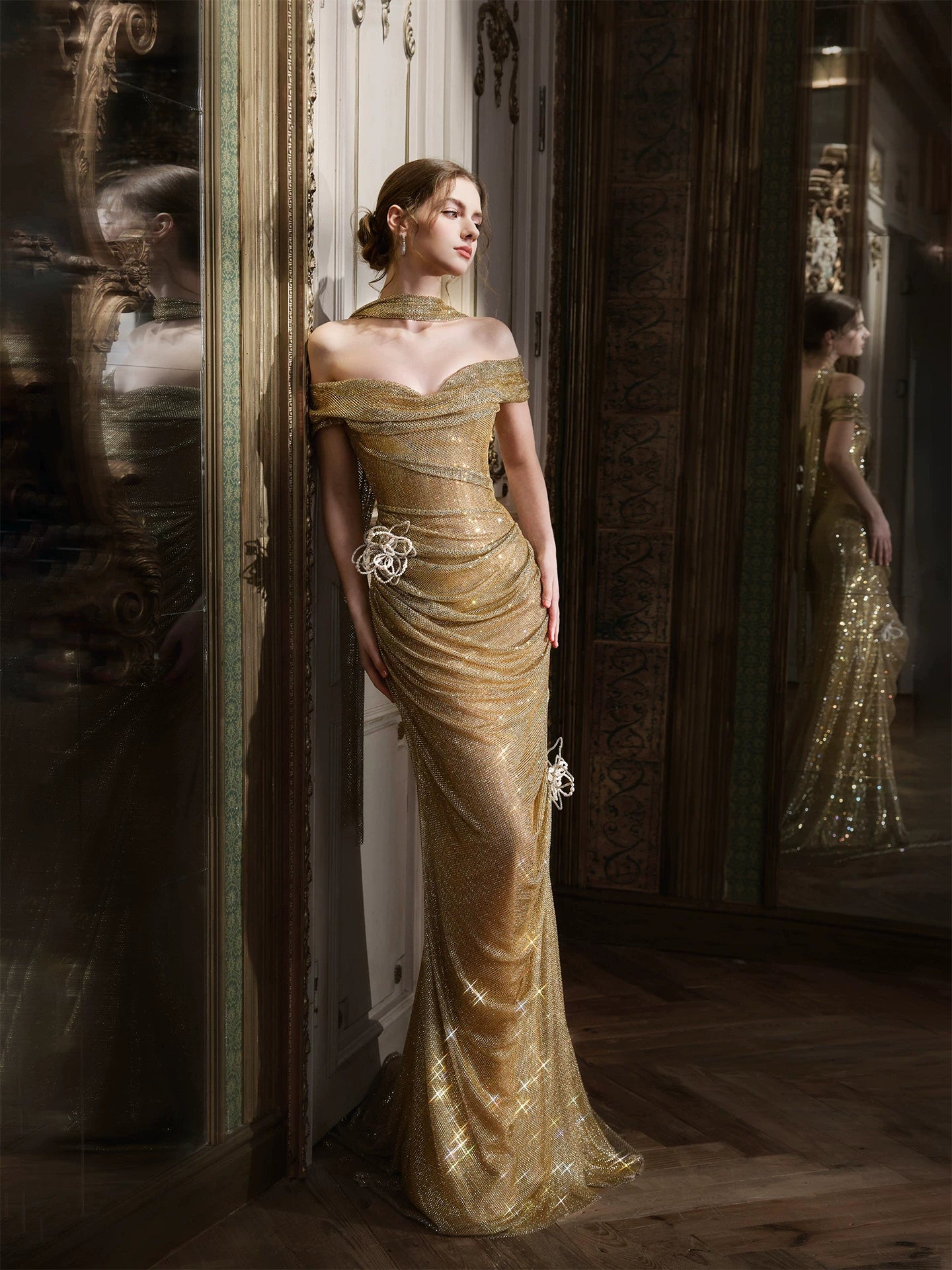 Bling Off-Shoulder Sheath Gold Prom Dress With Scarf Beading 3D Floral Sequins Formal Dress AP7021