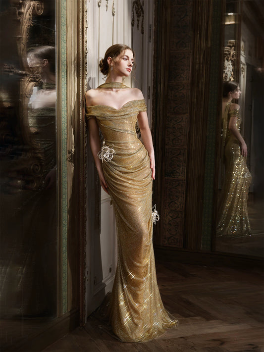 Bling Off-Shoulder Sheath Gold Prom Dress With Scarf Beading 3D Floral Sequins Formal Dress AP7021