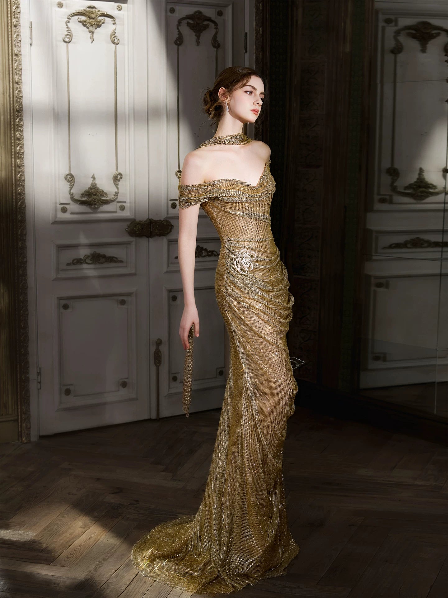 Bling Off-Shoulder Sheath Gold Prom Dress With Scarf Beading 3D Floral Sequins Formal Dress AP7021