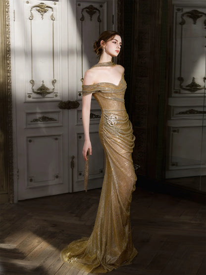 Bling Off-Shoulder Sheath Gold Prom Dress With Scarf Beading 3D Floral Sequins Formal Dress AP7021