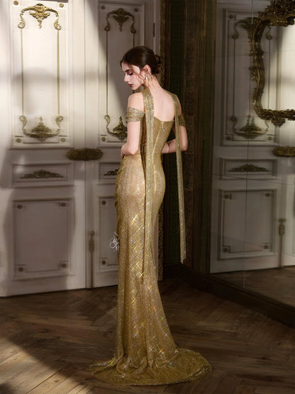 Bling Off-Shoulder Sheath Gold Prom Dress With Scarf Beading 3D Floral Sequins Formal Dress AP7021