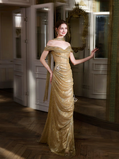 Bling Off-Shoulder Sheath Gold Prom Dress With Scarf Beading 3D Floral Sequins Formal Dress AP7021