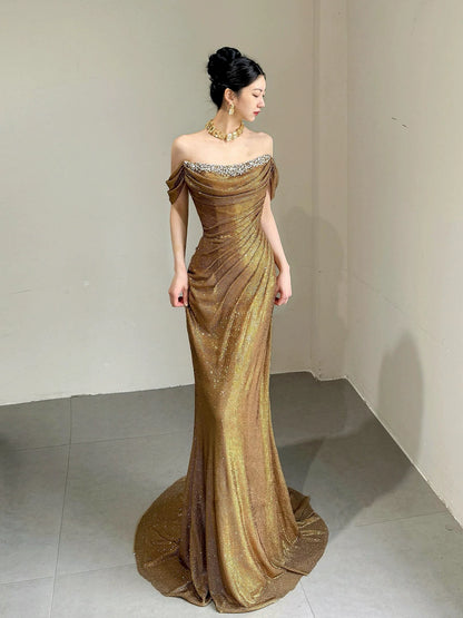 Attractive Strapless Gold Prom Dress With Scarf Beaded Sequins Mermaid Formal Dress AP7023
