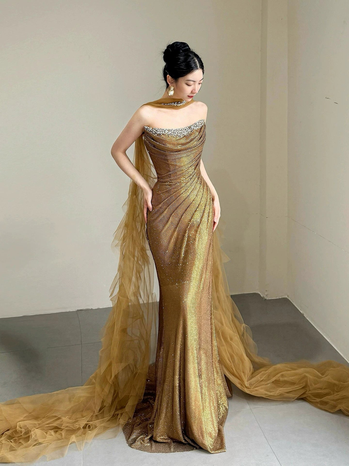 Attractive Strapless Gold Prom Dress With Scarf Beaded Sequins Mermaid Formal Dress AP7023
