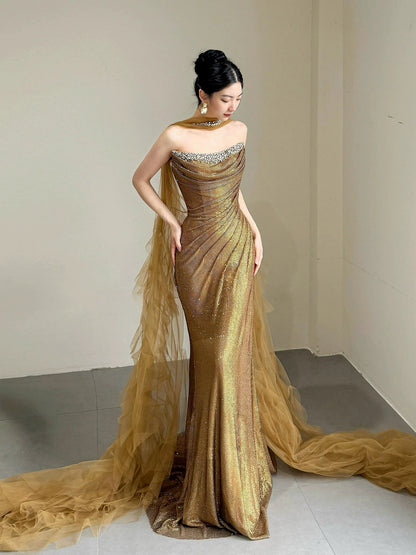 Attractive Strapless Gold Prom Dress With Scarf Beaded Sequins Mermaid Formal Dress AP7023
