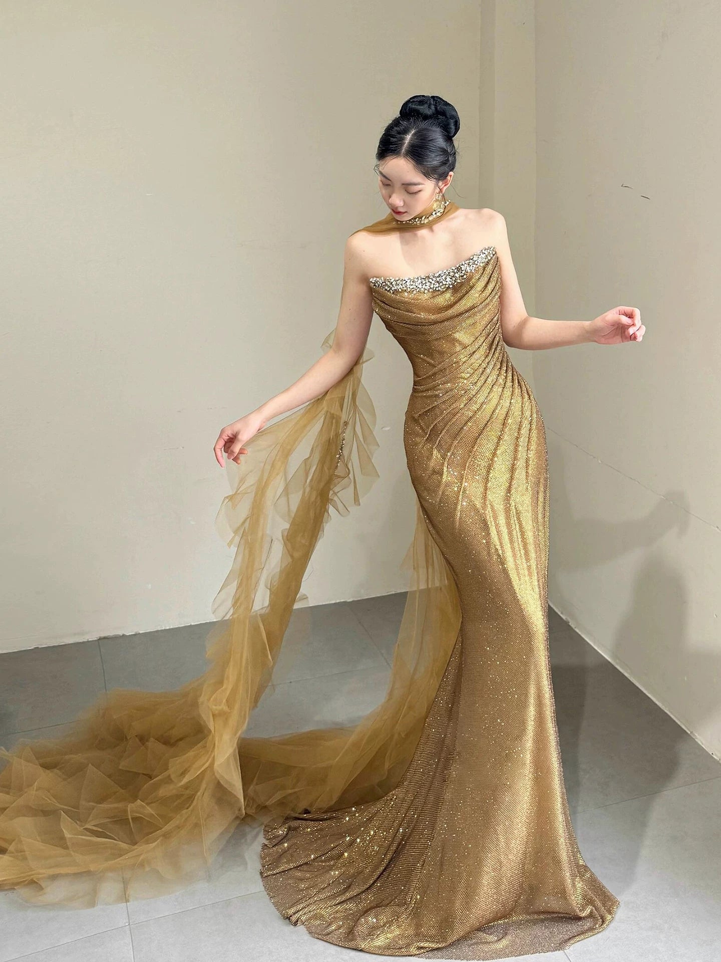Attractive Strapless Gold Prom Dress With Scarf Beaded Sequins Mermaid Formal Dress AP7023