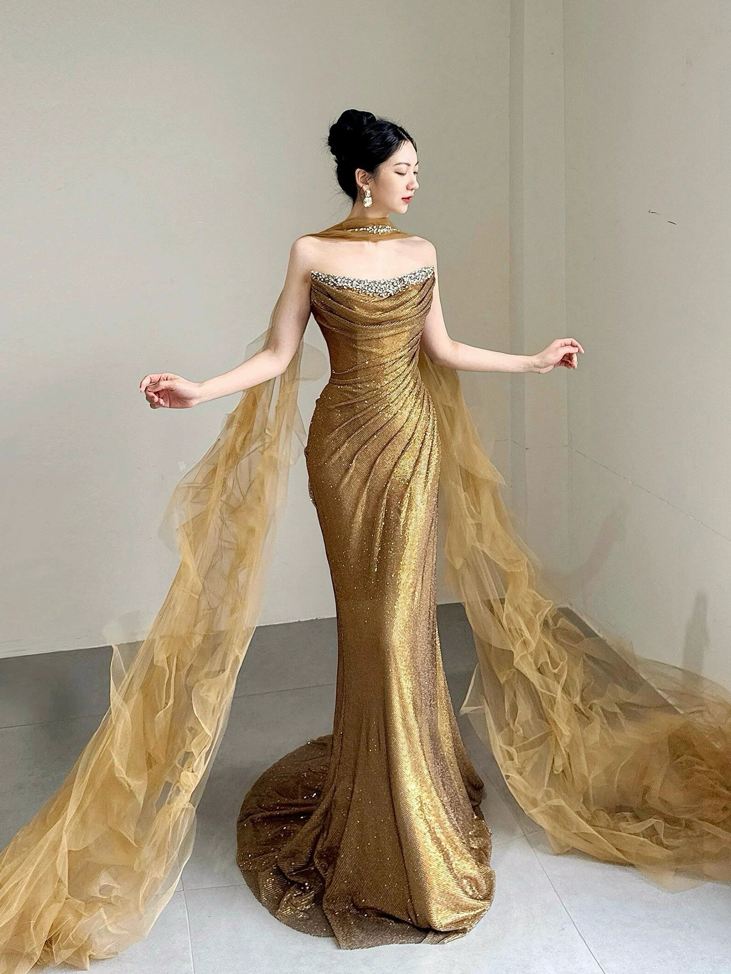 Attractive Strapless Gold Prom Dress With Scarf Beaded Sequins Mermaid Formal Dress AP7023