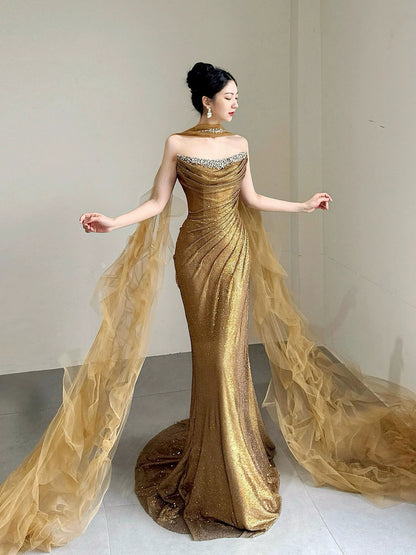 Attractive Strapless Gold Prom Dress With Scarf Beaded Sequins Mermaid Formal Dress AP7023