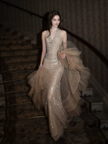 Sexy Halter Neck Beige Prom Dress With Shawl Sequins Mermaid Evening Dress AP7024