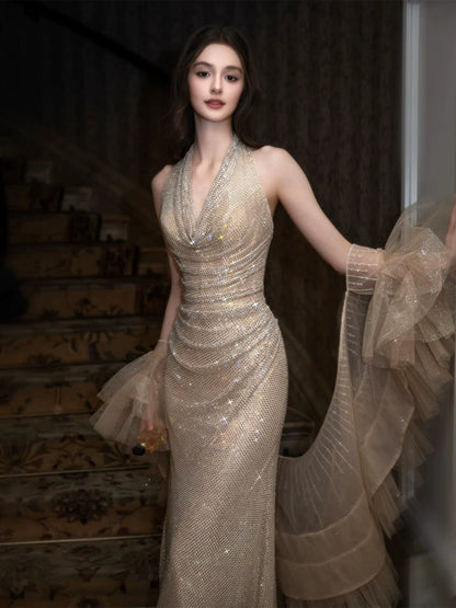 Sexy Halter Neck Beige Prom Dress With Shawl Sequins Mermaid Evening Dress AP7024