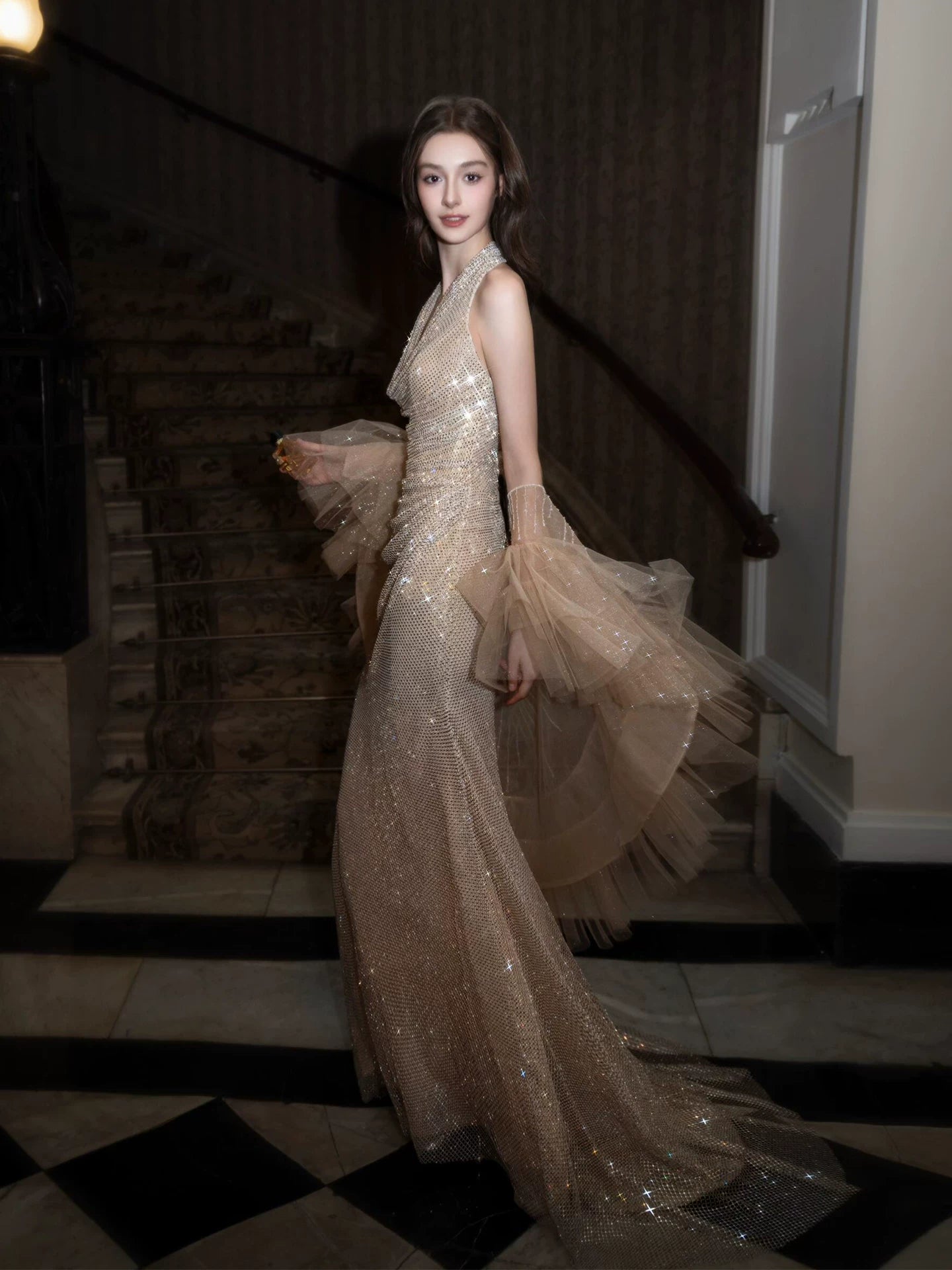 Sexy Halter Neck Beige Prom Dress With Shawl Sequins Mermaid Evening Dress AP7024