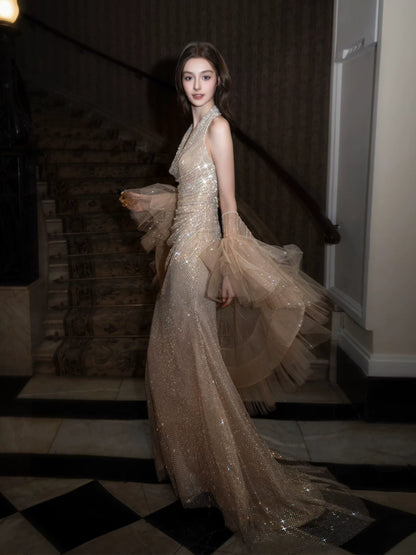 Sexy Halter Neck Beige Prom Dress With Shawl Sequins Mermaid Evening Dress AP7024