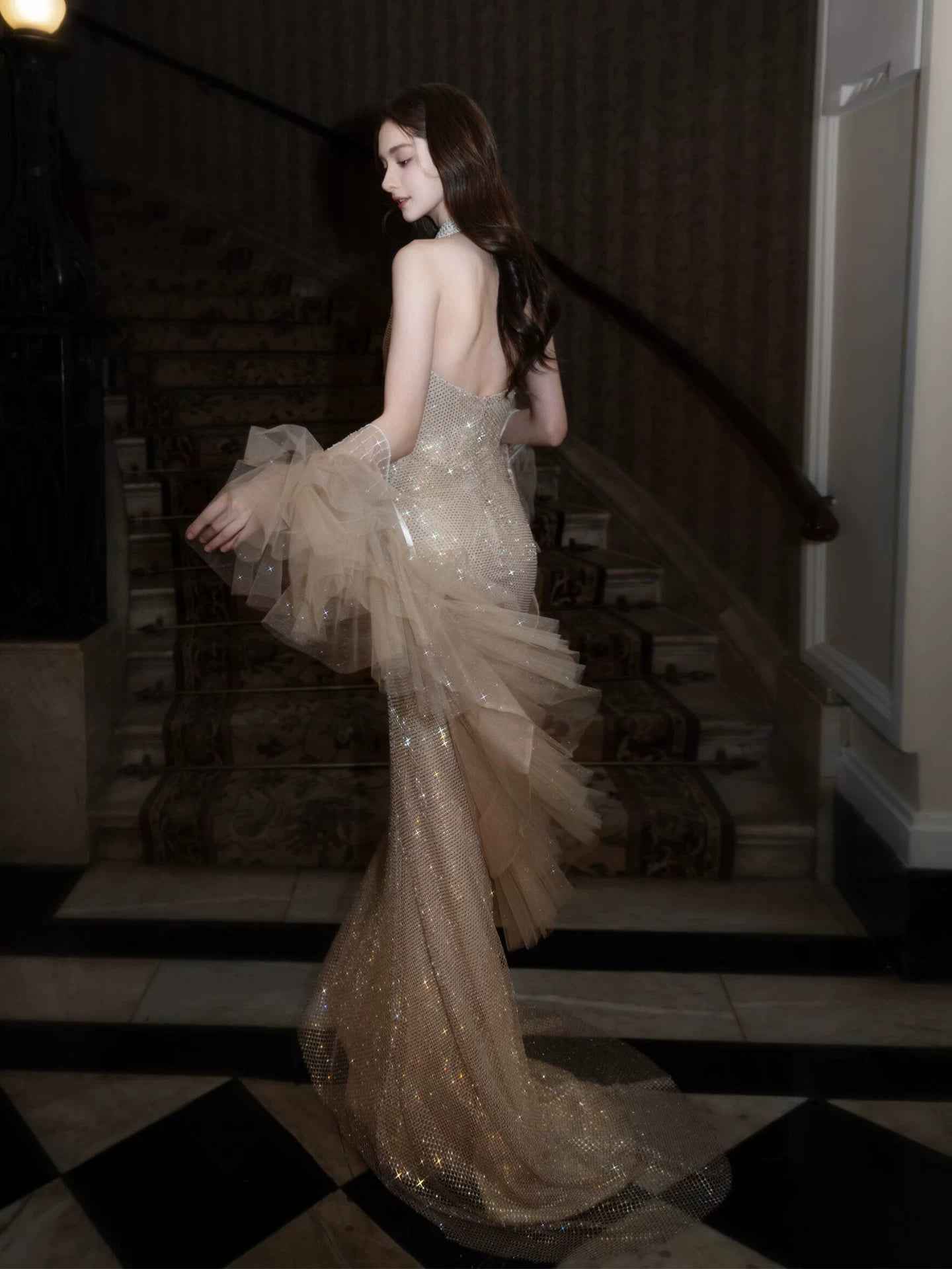 Sexy Halter Neck Beige Prom Dress With Shawl Sequins Mermaid Evening Dress AP7024