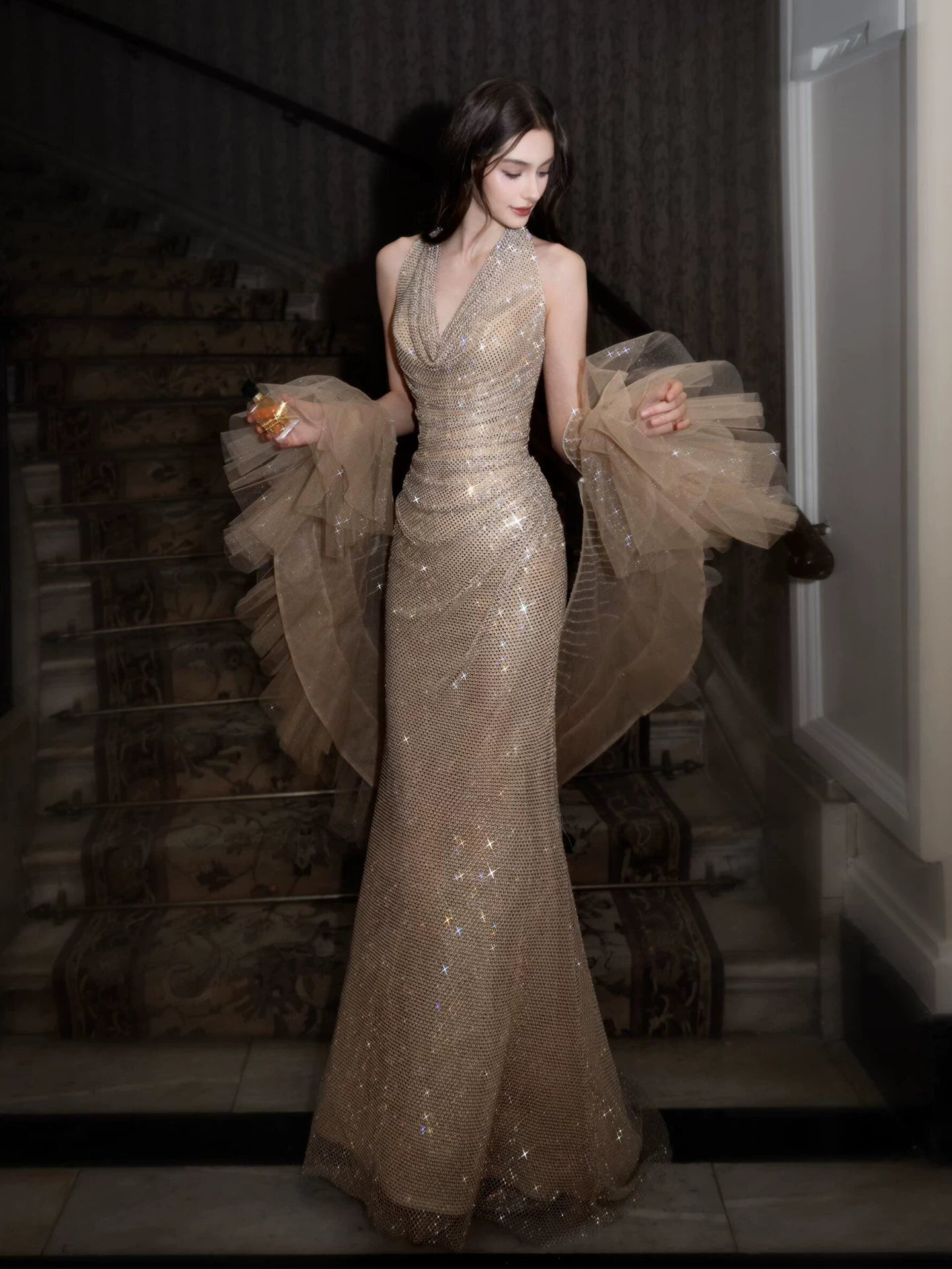 Sexy Halter Neck Beige Prom Dress With Shawl Sequins Mermaid Evening Dress AP7024
