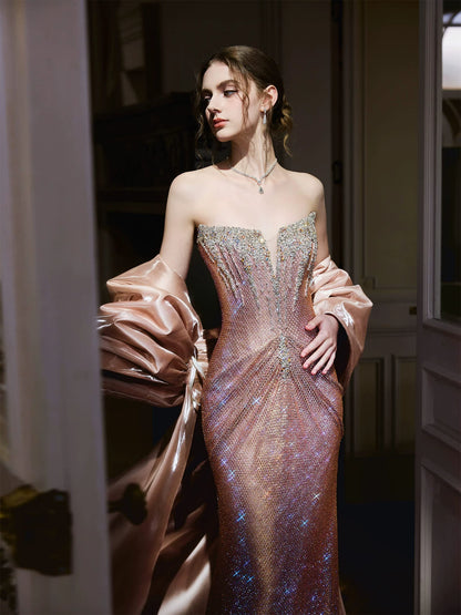 Playful Strapless Pink Prom Dress With Train Sequins Beaded Mermaid Formal Dress AP7025