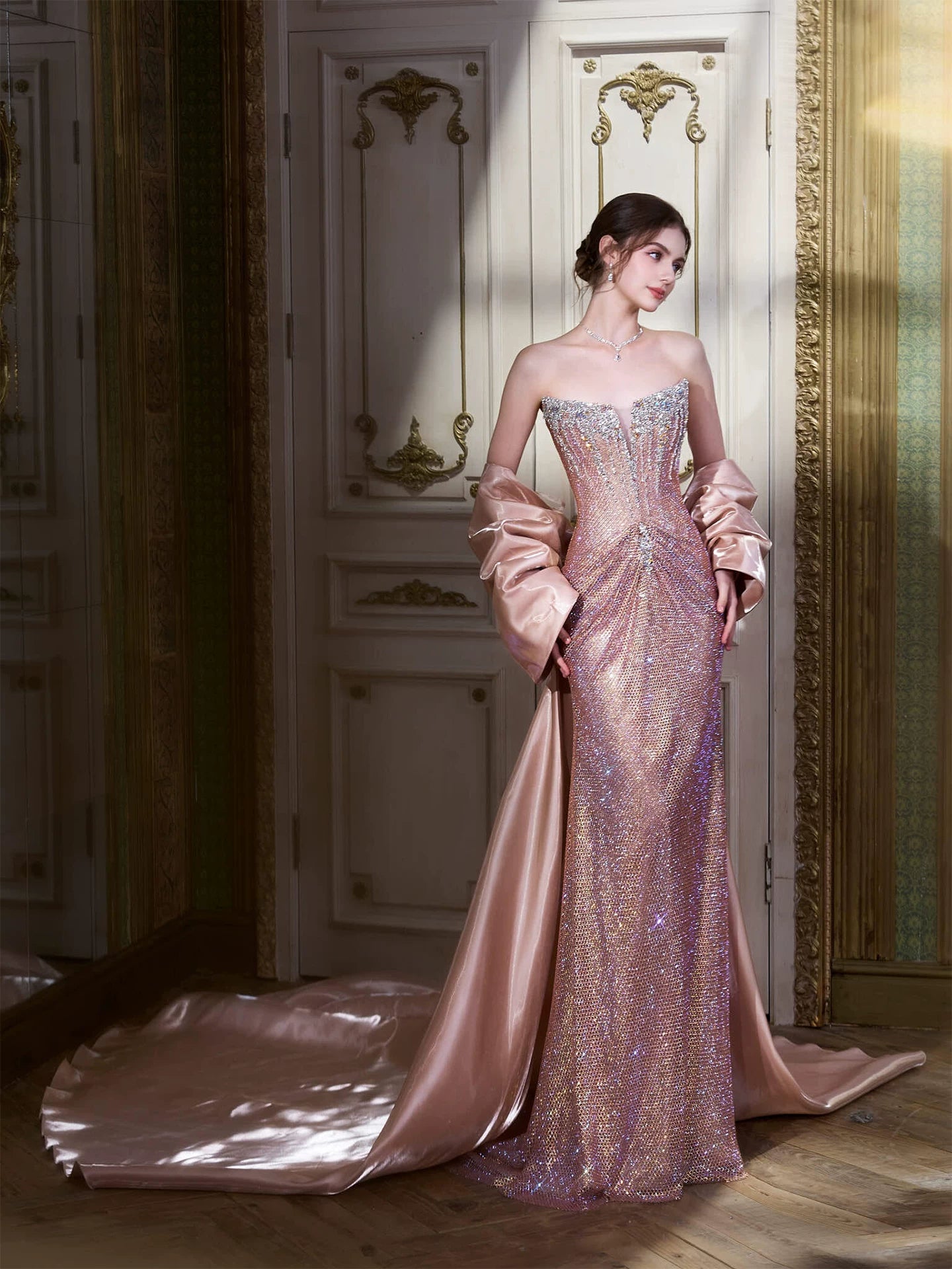 Playful Strapless Pink Prom Dress With Train Sequins Beaded Mermaid Formal Dress AP7025