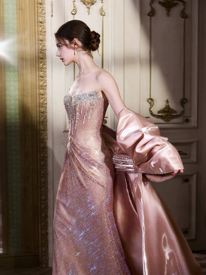 Playful Strapless Pink Prom Dress With Train Sequins Beaded Mermaid Formal Dress AP7025