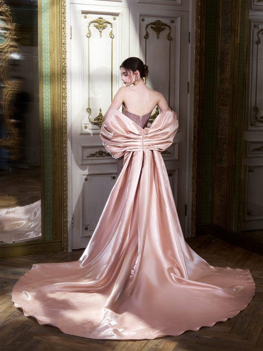 Playful Strapless Pink Prom Dress With Train Sequins Beaded Mermaid Formal Dress AP7025