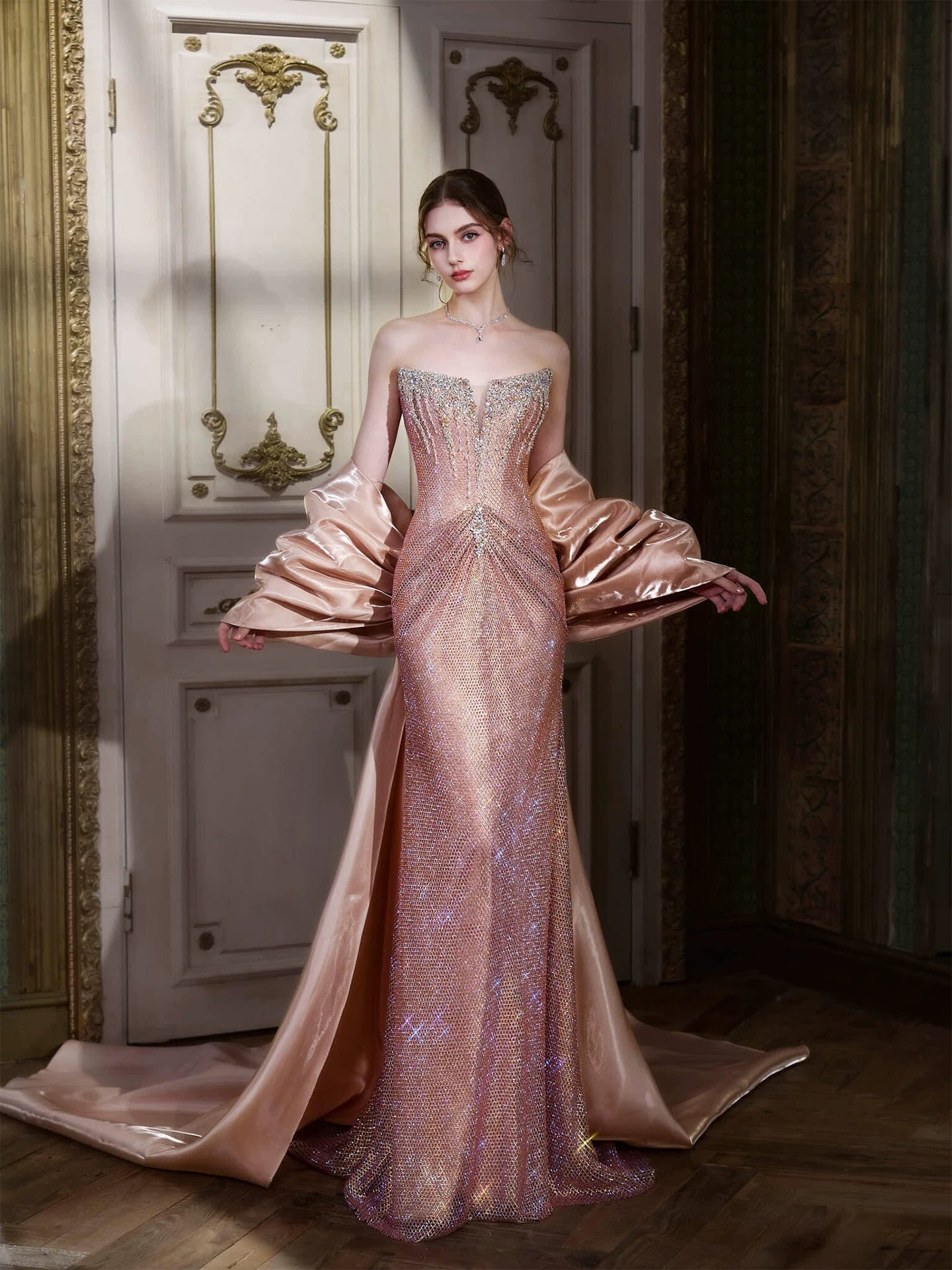 Playful Strapless Pink Prom Dress With Train Sequins Beaded Mermaid Formal Dress AP7025