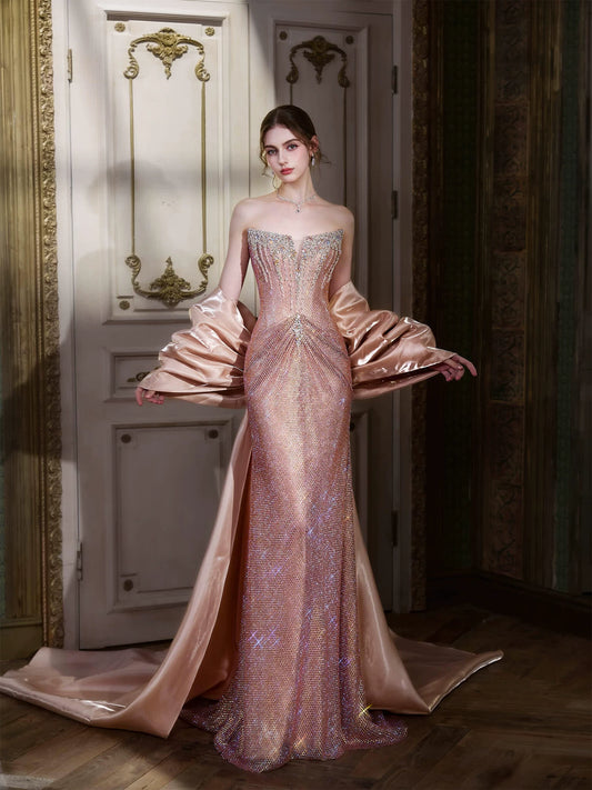 Playful Strapless Pink Prom Dress With Train Sequins Beaded Mermaid Formal Dress AP7025