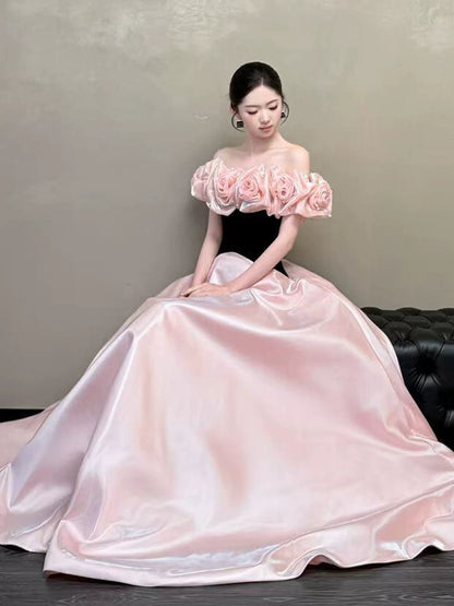 Vogue Black & Pink Off-Shoulder Prom Dresses Beads Appliques A-Line Evening Gowns AP7026