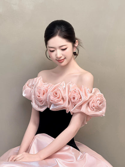 Vogue Black & Pink Off-Shoulder Prom Dresses Beads Appliques A-Line Evening Gowns AP7026