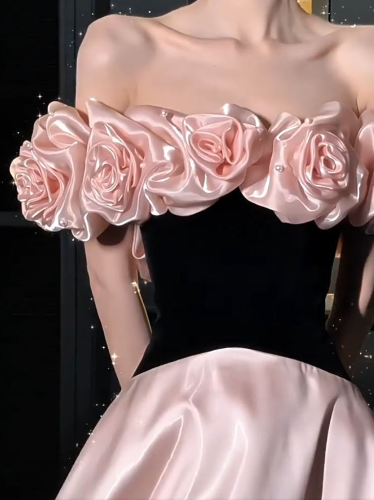 Vogue Black & Pink Off-Shoulder Prom Dresses Beads Appliques A-Line Evening Gowns AP7026