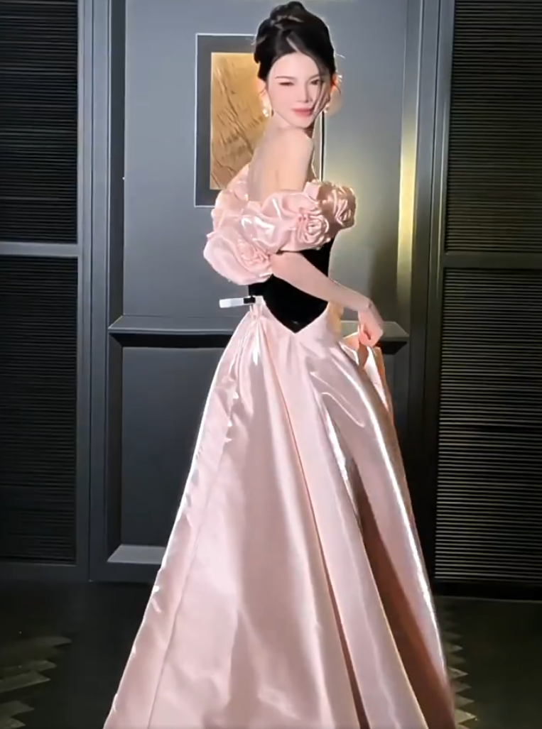 Vogue Black & Pink Off-Shoulder Prom Dresses Beads Appliques A-Line Evening Gowns AP7026