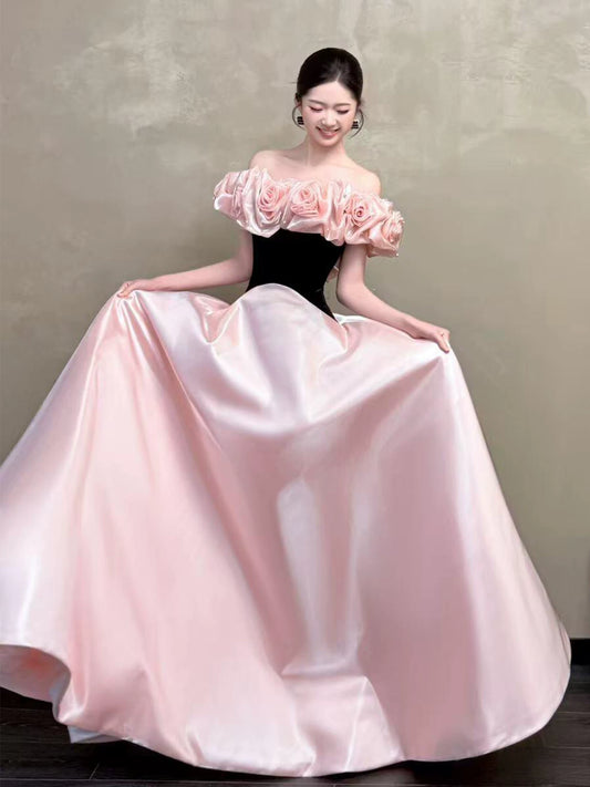 Vogue Black & Pink Off-Shoulder Prom Dresses Beads Appliques A-Line Evening Gowns AP7026