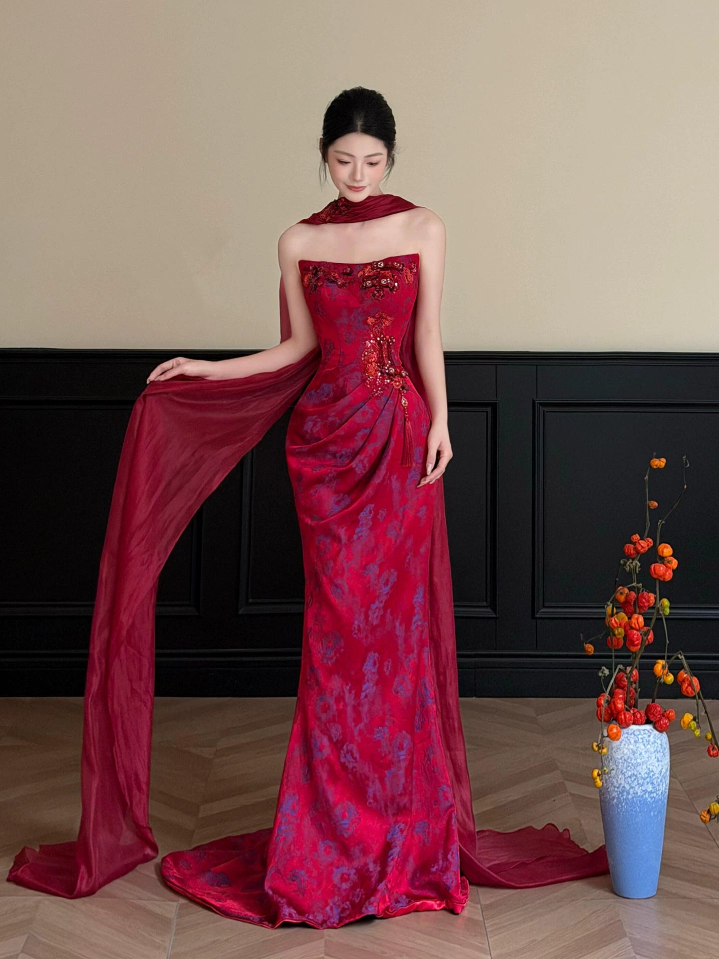 Glittering Strapless Red Prom Dress With Scarf Jacquard Sequins Mermaid Formal Dress AP7027