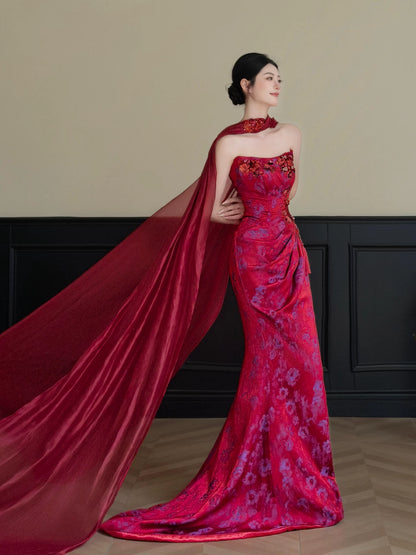 Glittering Strapless Red Prom Dress With Scarf Jacquard Sequins Mermaid Formal Dress AP7027