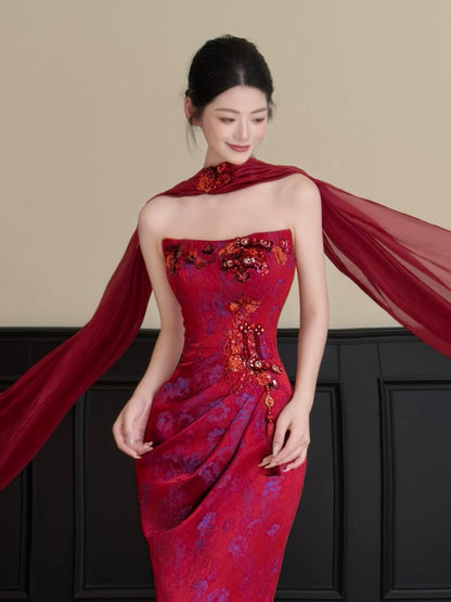 Glittering Strapless Red Prom Dress With Scarf Jacquard Sequins Mermaid Formal Dress AP7027