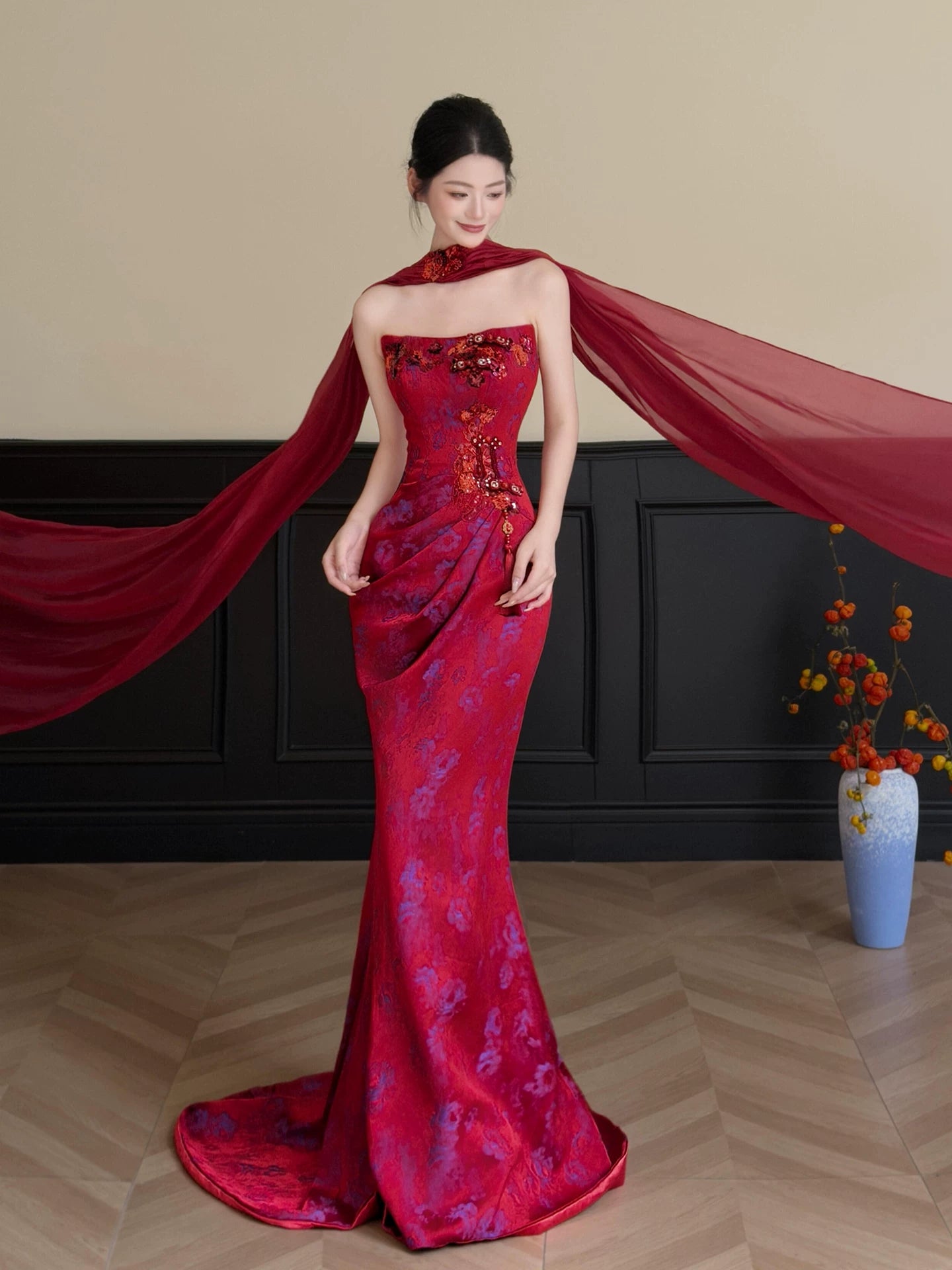 Glittering Strapless Red Prom Dress With Scarf Jacquard Sequins Mermaid Formal Dress AP7027