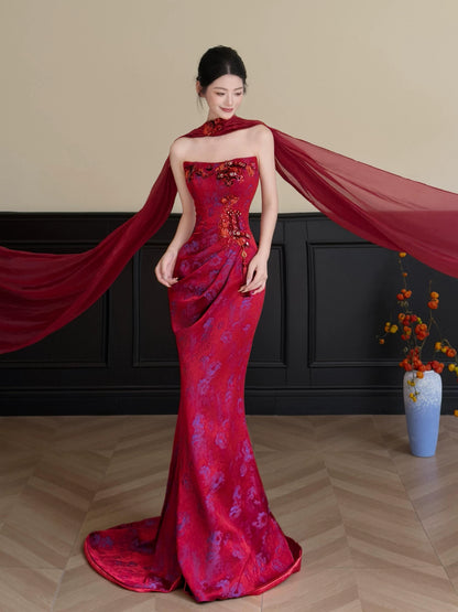 Glittering Strapless Red Prom Dress With Scarf Jacquard Sequins Mermaid Formal Dress AP7027