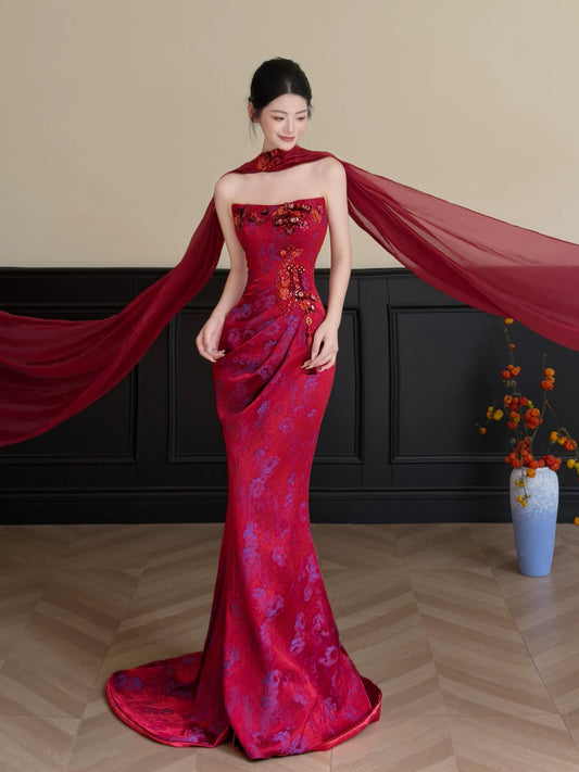 Glittering Strapless Red Prom Dress With Scarf Jacquard Sequins Mermaid Formal Dress AP7027