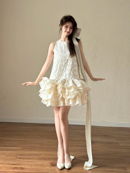 Modern Ivory Homecoming Dress Halter Neck Hoco Outfit Ruffles Tiered A-Line Birthday Gown AP7028