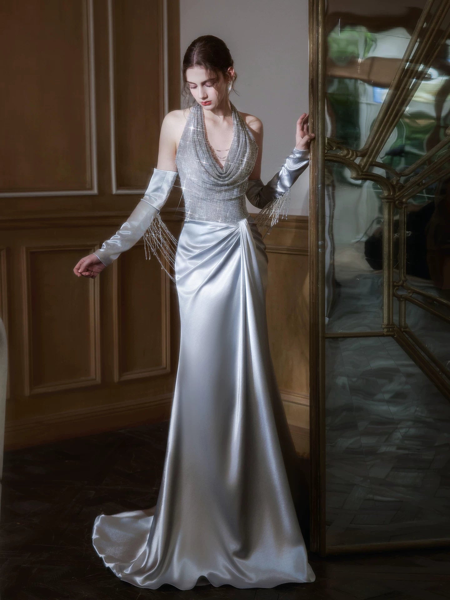 Princess Halter Neck Blue Satin Prom Dress With Beading Sleeves Sequins Mermaid Evening Dress AP7029