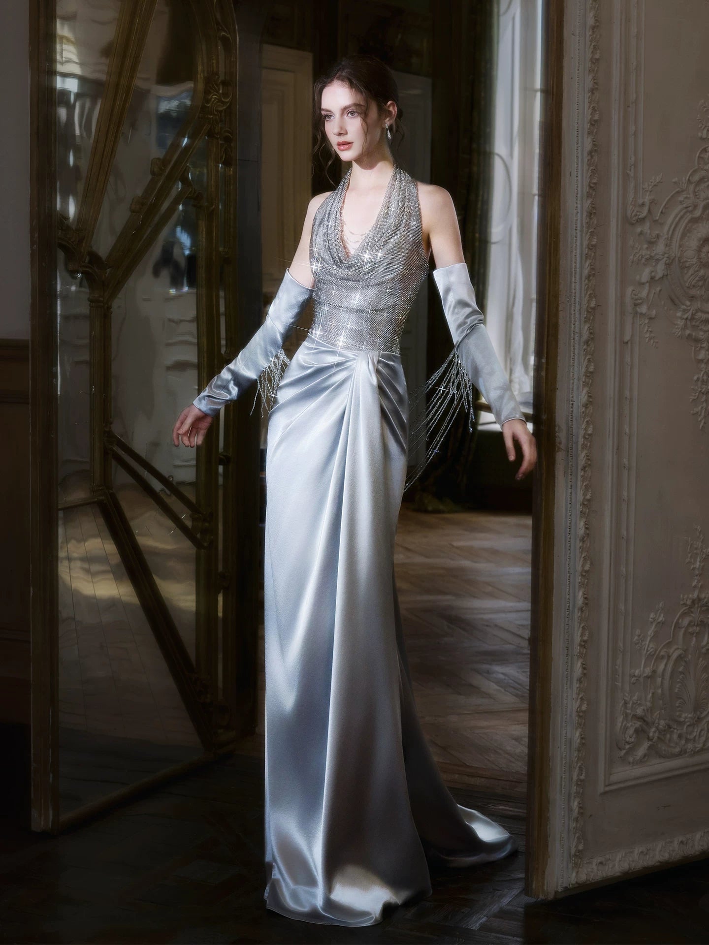 Princess Halter Neck Blue Satin Prom Dress With Beading Sleeves Sequins Mermaid Evening Dress AP7029