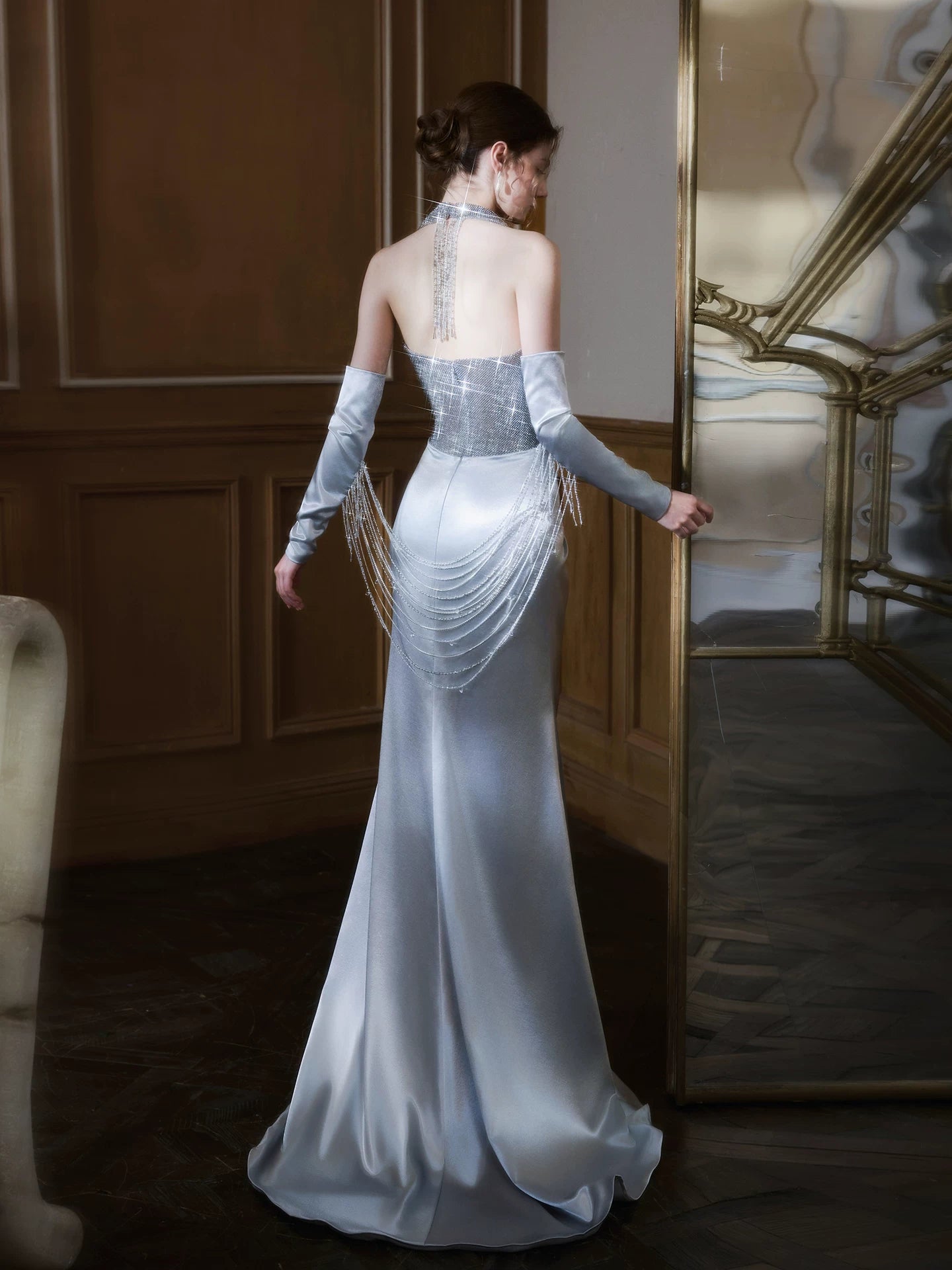 Princess Halter Neck Blue Satin Prom Dress With Beading Sleeves Sequins Mermaid Evening Dress AP7029