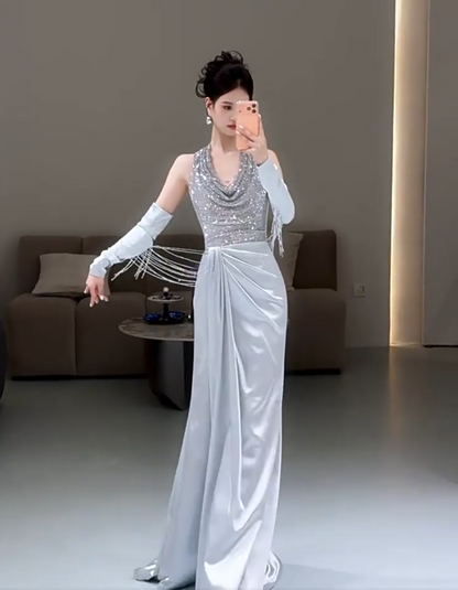 Princess Halter Neck Blue Satin Prom Dress With Beading Sleeves Sequins Mermaid Evening Dress AP7029