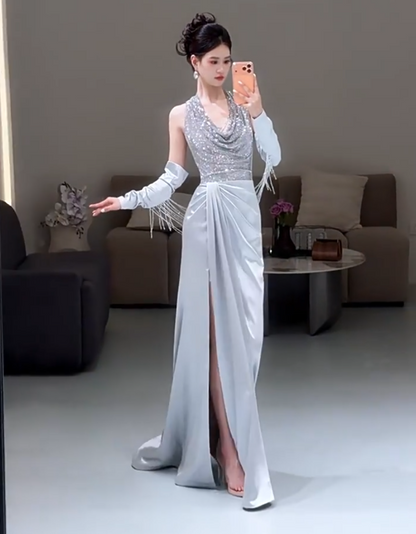 Princess Halter Neck Blue Satin Prom Dress With Beading Sleeves Sequins Mermaid Evening Dress AP7029