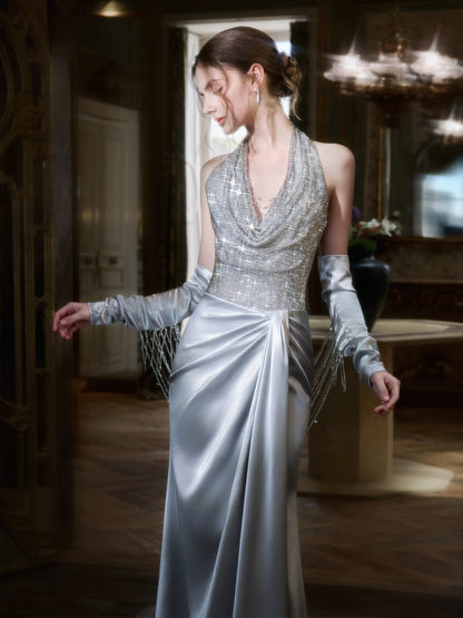 Princess Halter Neck Blue Satin Prom Dress With Beading Sleeves Sequins Mermaid Evening Dress AP7029