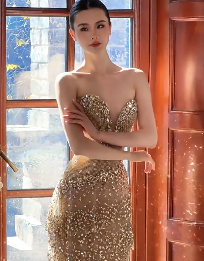 Dramatic Strapless Gold Tiered Prom Dress Crystals Sequins Sheath Formal Dress AP7030