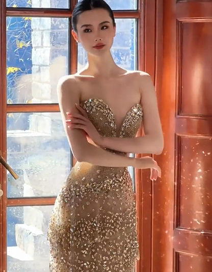 Dramatic Strapless Gold Tiered Prom Dress Crystals Sequins Sheath Formal Dress AP7030