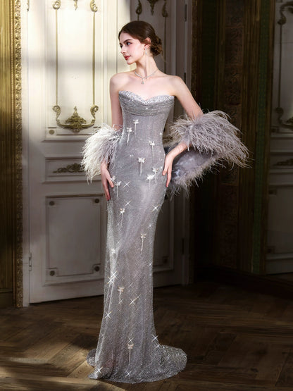 Pretty Strapless Beading Silver Prom Dress With Shawl Sequins Tassel Sheath Formal Dress AP7031