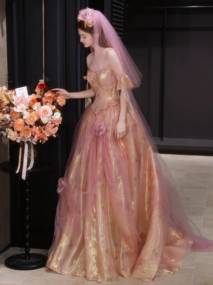 Maximalism Off-Shoulder A-Line Prom Dresses Embroidered Bodice Appliques Tulle Evening Gowns AP7032
