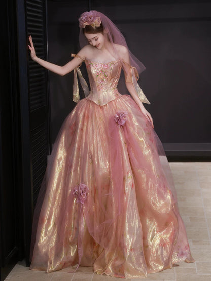 Maximalism Off-Shoulder A-Line Prom Dresses Embroidered Bodice Appliques Tulle Evening Gowns AP7032