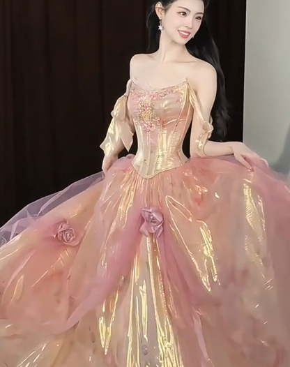 Maximalism Off-Shoulder A-Line Prom Dresses Embroidered Bodice Appliques Tulle Evening Gowns AP7032