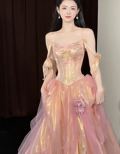 Maximalism Off-Shoulder A-Line Prom Dresses Embroidered Bodice Appliques Tulle Evening Gowns AP7032